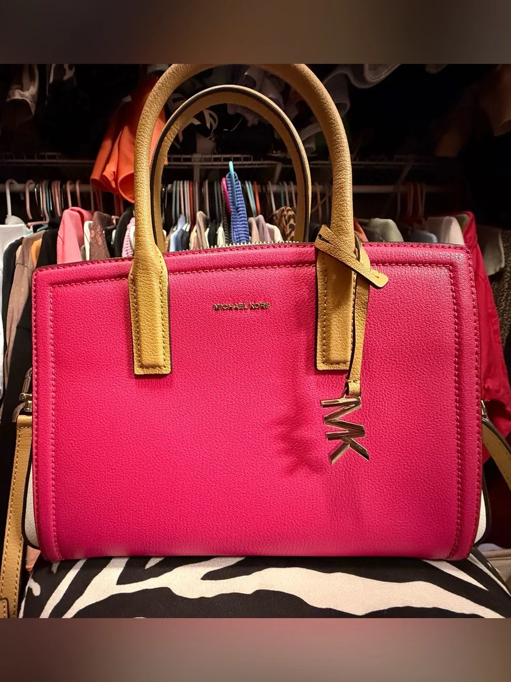 MICHAEL KORS Hot Pink Satchel with Tan Handles